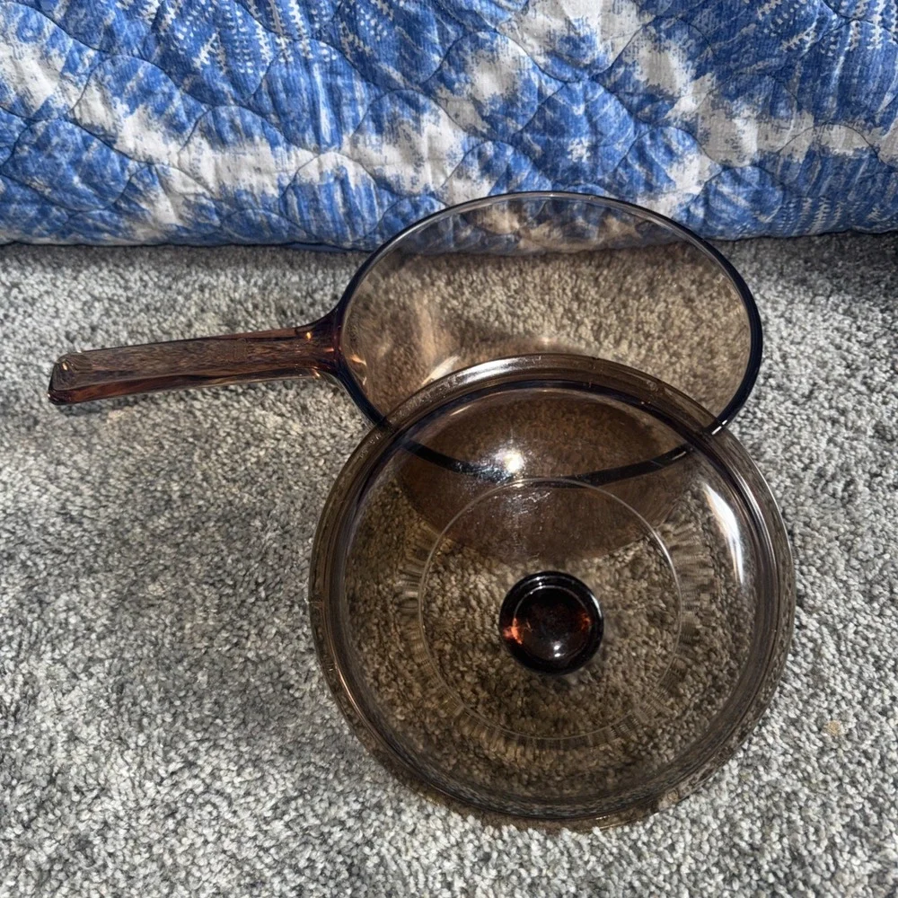 Corning Visions Amber Glass 1.5L Saucepan Pot W/Lid Made in USA Vintage PYREX